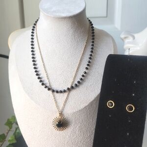 Gold and Black Glass Bead Double Strand Necklace Earrings Set